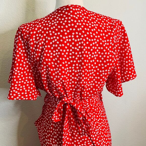 Red White Floral Flutter Sleeve Flowy Cottagecore Full Wrap Midi Dress | Large - Picture 6 of 10